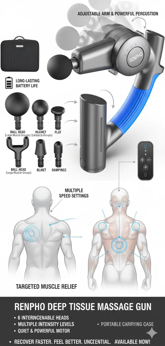 RENPHO R4 Massage Gun with Adjustable Arm Deep Tissue Massager Gun Massage Back Percussion Muscle Massage Gun for Athletes Portable Electric Sport Massager FSA and HSA Eligible The Blue Coil