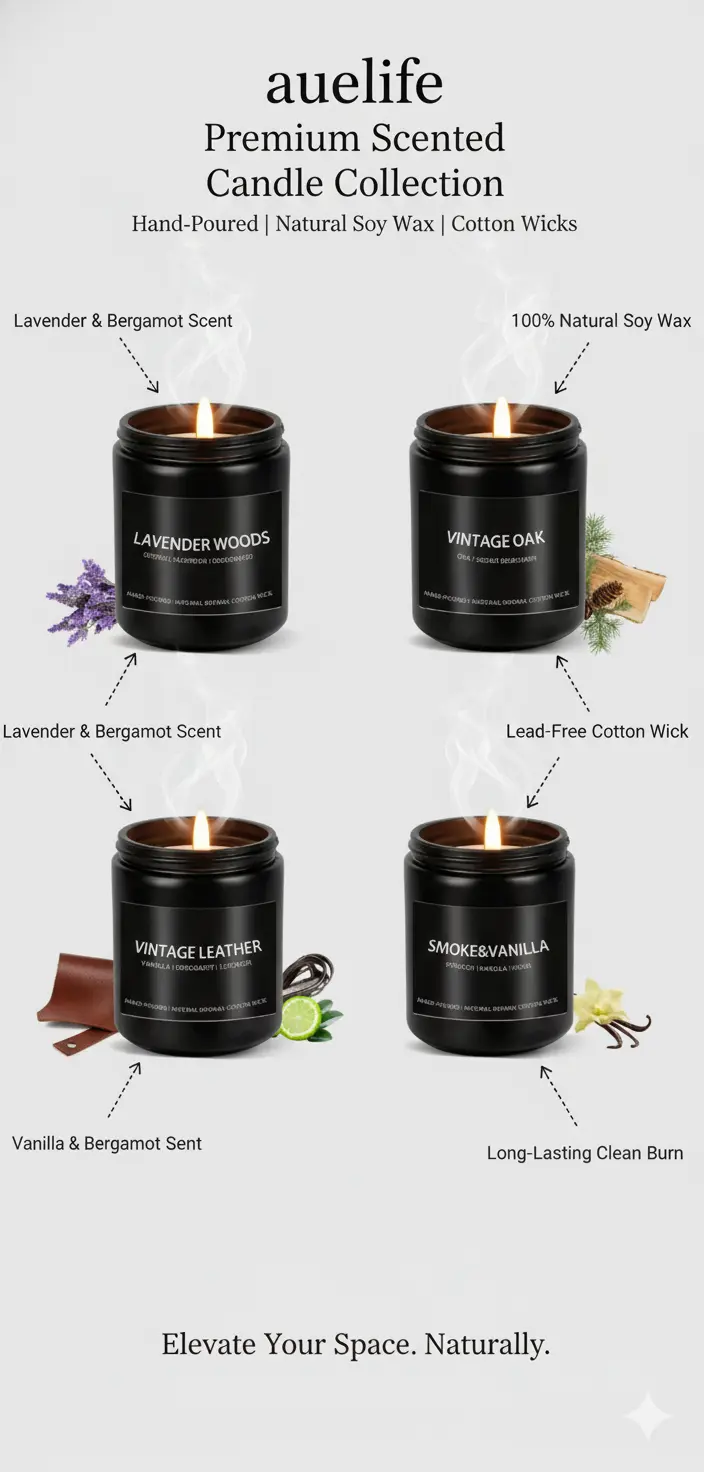 Scented Candles for Men Soy Candle Set Scented Candles for Home 4 Pack Men Candle Gift Natural Candles Scents of Lavender Oak Leather Smoke Vanilla The Blue Coil