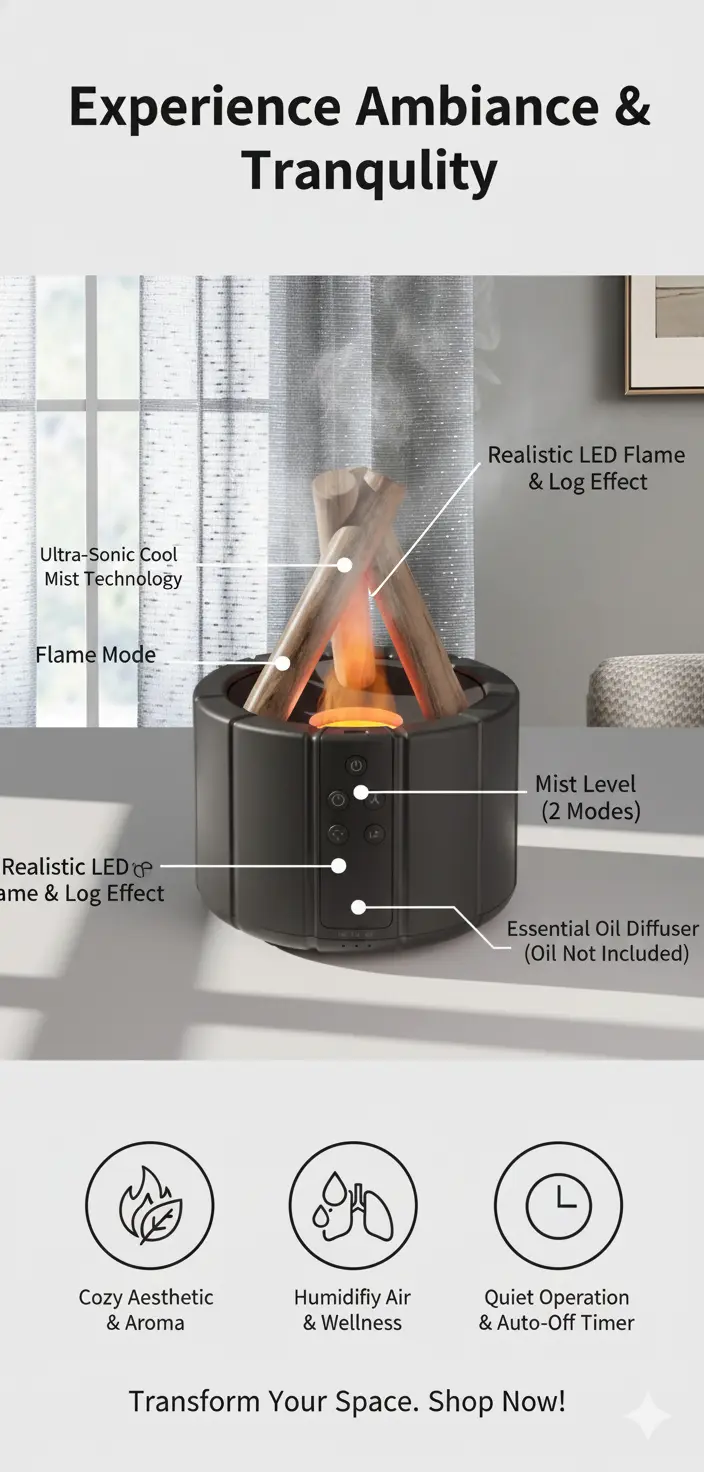 YALEDI Campfire Flame Fire Diffuser Bonfire Aromatherapy Essential Oil Diffuser 250ml Wood Cool Mist Humidifier for HomeBedroomOffice Remote Control Auto Shut-Off Night Light Gift (Black) The Blue Coil