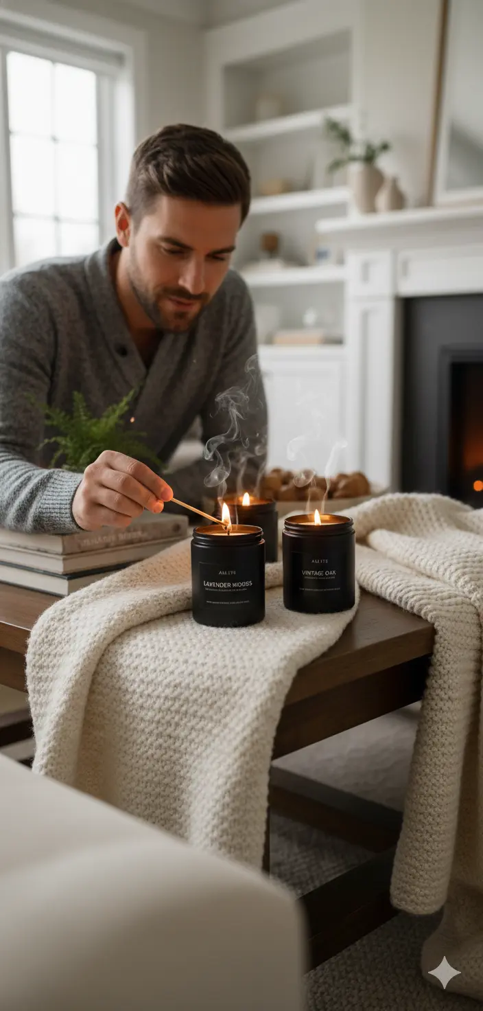 Scented Candles for Men Soy Candle Set Scented Candles for Home 4 Pack Men Candle Gift Natural Candles Scents of Lavender Oak Leather Smoke Vanilla The Blue Coil
