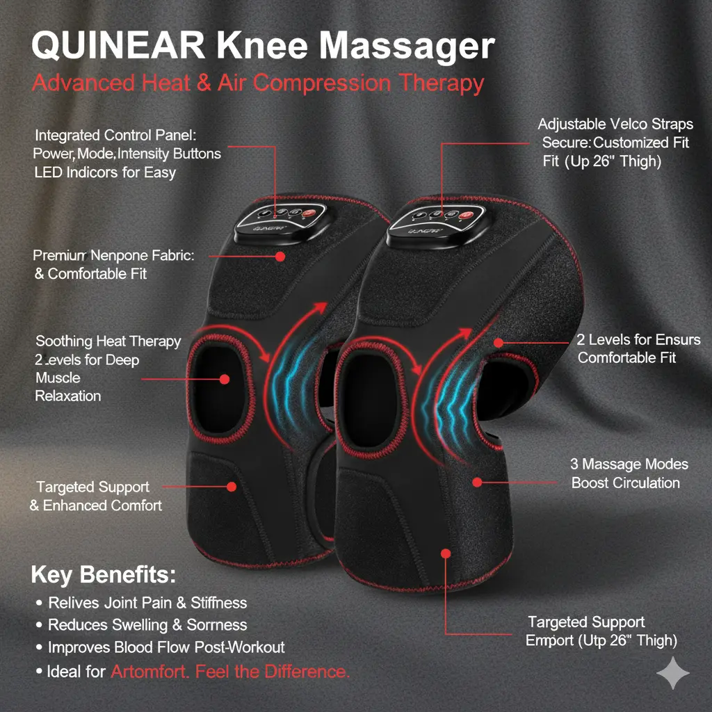 QUINEAR Knee Massager with Heat Air Compression Leg Knee Brace Wrap for Arthritis Pain Relief Eletric Heating for Joint Pain Cramps and Circulation 3 Modes & 3 Intensities - FSA or HSA Eligible The Blue Coil