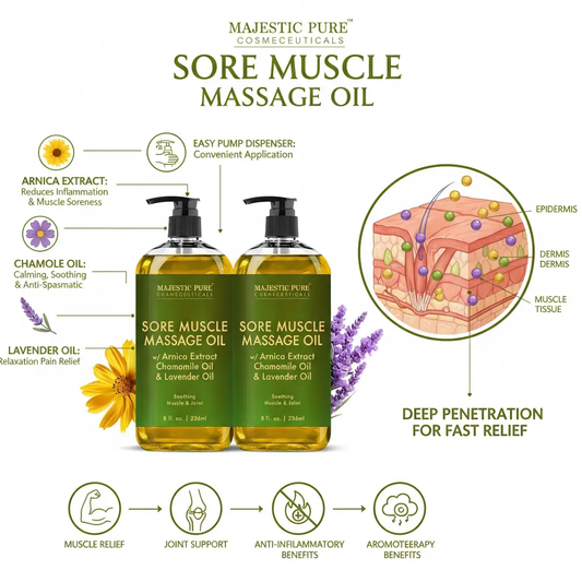 MAJESTIC PURE Arnica Sore Muscle Massage Oil for Massage Therapy - Natural Oil with Lavender and Chamomile Essential Oils - Multipurpose Instant Absorption Full Body Massage Oil - 8 Fl Oz (Pack of 2) The Blue Coil