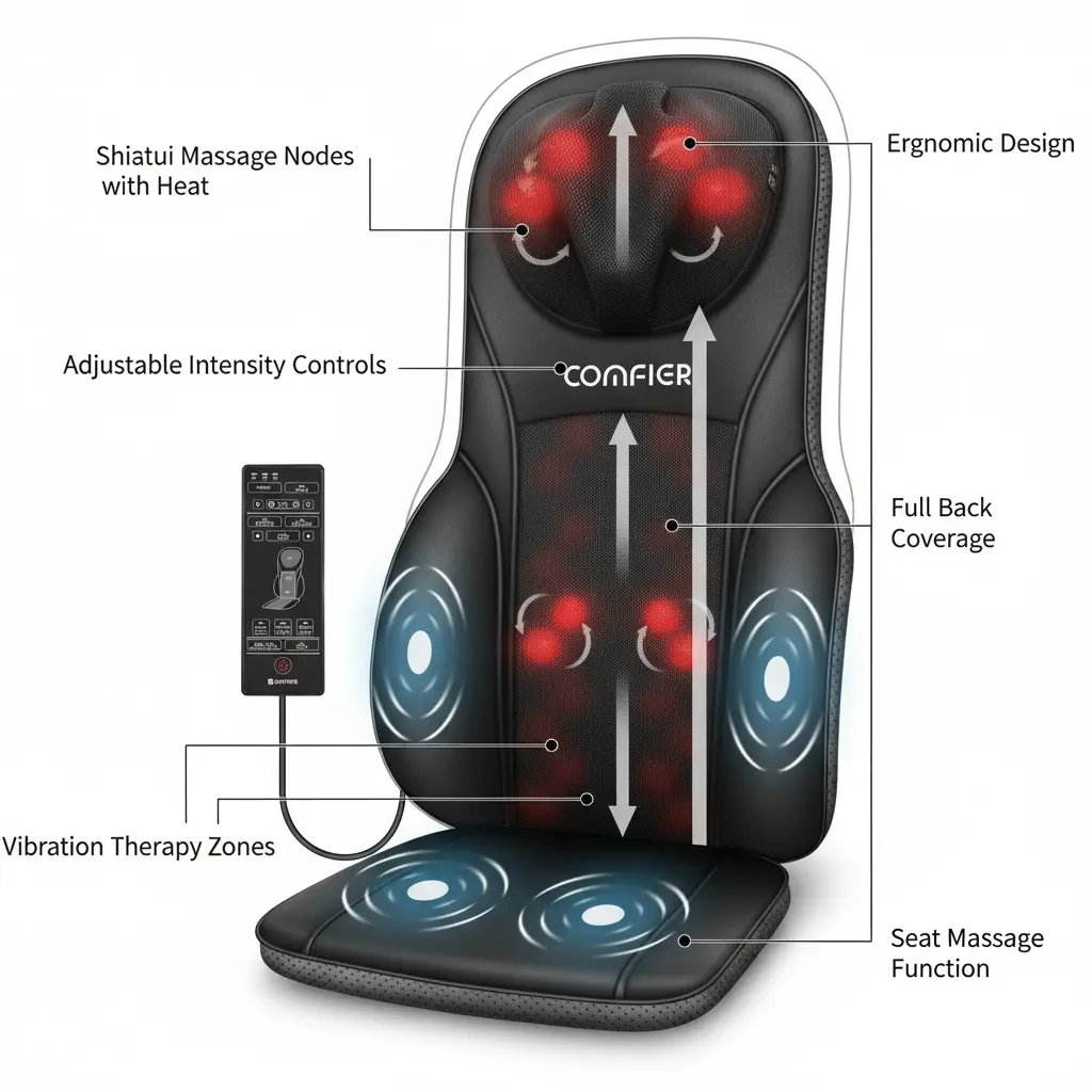 COMFIER Shiatsu Back Massager with Heat Deep Kneading & Rolling Massage Chair Pad Chair Massager for Office Home Use Gift for Dad Mom The Blue Coil