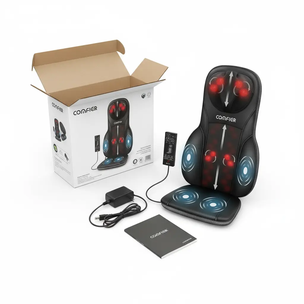 COMFIER Shiatsu Back Massager with Heat Deep Kneading & Rolling Massage Chair Pad Chair Massager for Office Home Use Gift for Dad Mom The Blue Coil