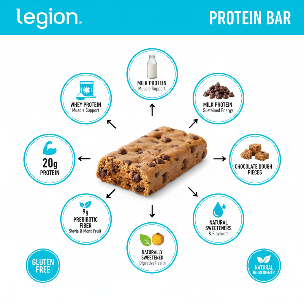 Legion Chocolate Chip Cookie Dough Protein Bar - 100% Whey Protein Bars Low Sugar High Protein with Prebiotic Fiber - Soy-Free Gluten Free Naturally Flavored Low Fat High Protein Bars (12 Count)