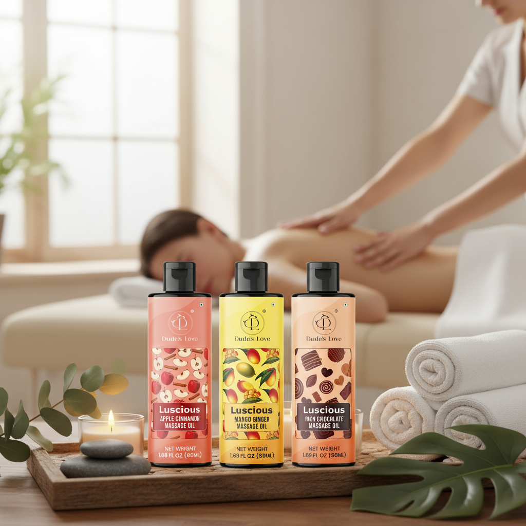 Dudes Love - Aceites de masaje corporal con deliciosos sabores | Relajantes y nutritivos | Paquete de 3 - Manzana, canela, mango, jengibre y chocolate intenso (3 x 50 ml)
