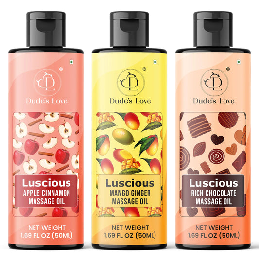 Dudes Love - Luscious Flavored Body Massage Oils | Relaxing & Skin Nourishing | Pack of 3 - Apple Cinnamon Mango Ginger Rich Chocolate (3 x 1.69 FL Oz)