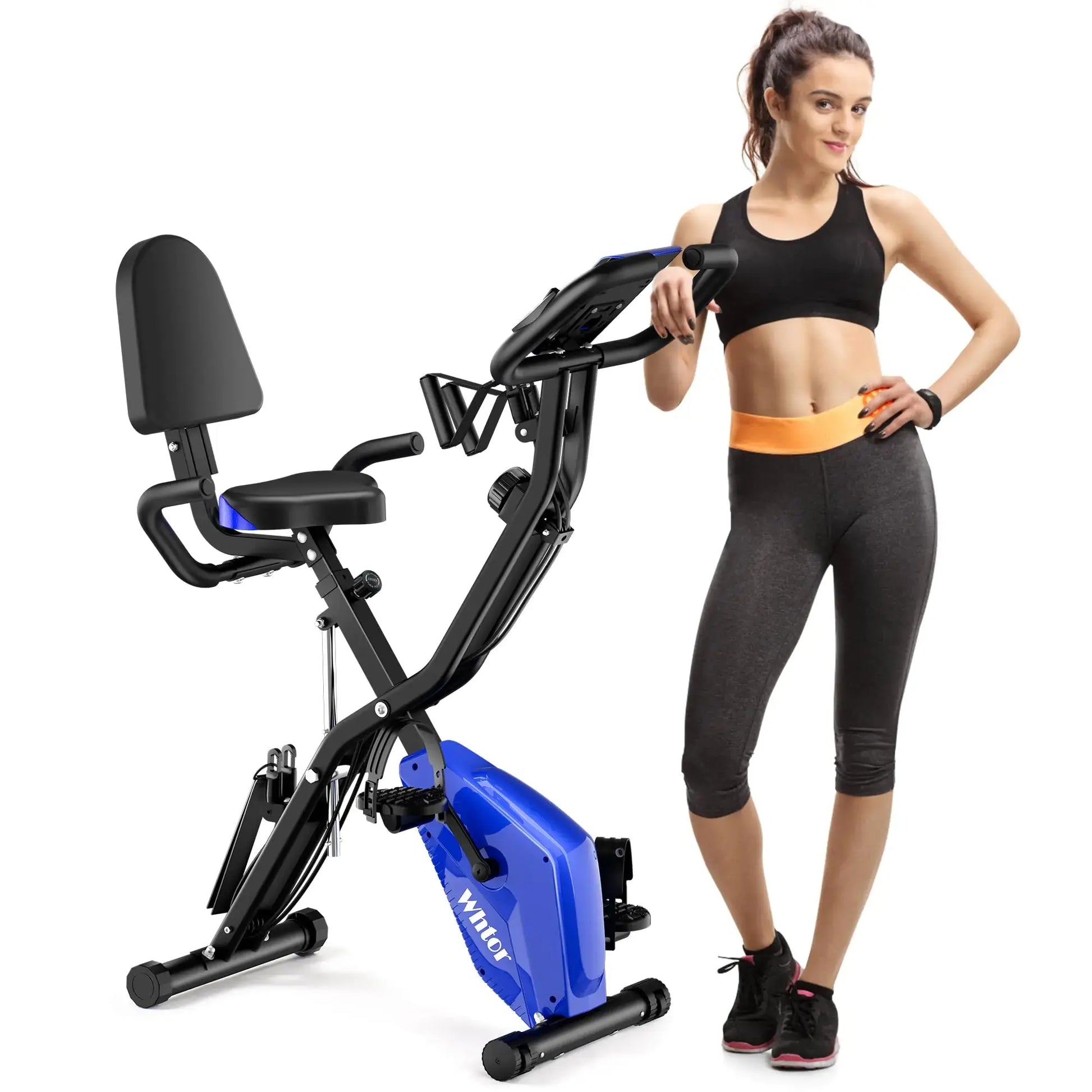 WHTOR Folding Exercise Bike，5 IN 1 Stationary Bike for Home / 16-Level Adjustable Resistance Full Body Workout Indoor Foldable Cycling Bike (Blue) The Blue Coil