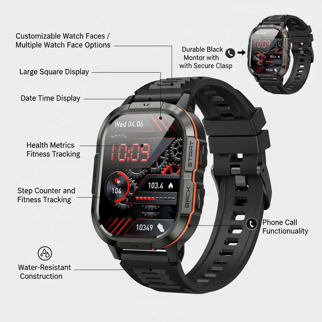 Smart Watch for Men Fitness Tracker: Make/Answer Call Military Smart Watches for Men Digital Watches Run Waterproof Smartwatch Android Phones iPhone Samsung Compatible Heart Rate Monitor Orange Black The Blue Coil